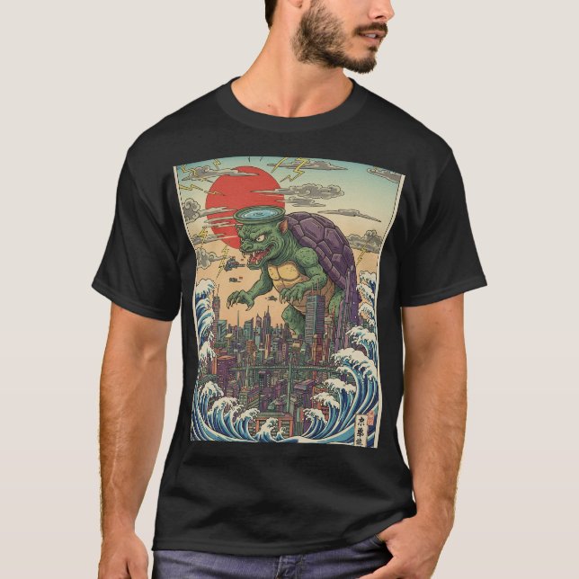 Kaiju Turtle Over Tokyo Sunset T-Shirt (Vorderseite)