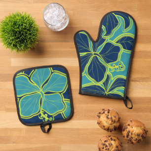 Kailua Hibiskus Hawaiian Floral Aquamarin Navy Ofenhandschuh & Topflappen-Set