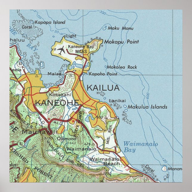 Kailua und Kaneohe Oahu Vintag Map Poster (Vorne)
