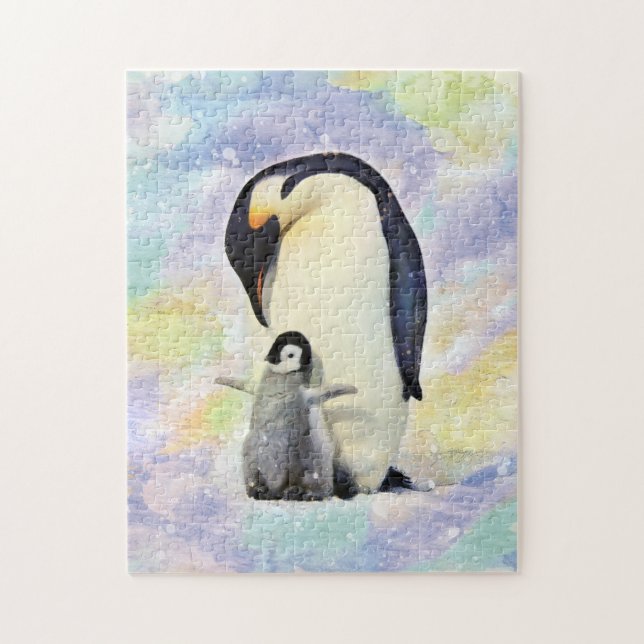 Kaiser Penguin mit Babykick Wasserfarbe Puzzle (Vertikal)