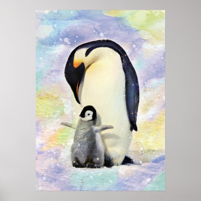 Kaiser Pinguin mit Baby Chick Watercolor Art Poster (Vorne)