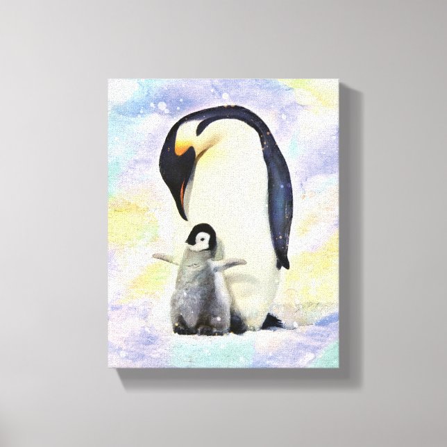 Kaiser Pinguin mit Baby Chick Watercolor Leinwanddruck (Vorderseite)
