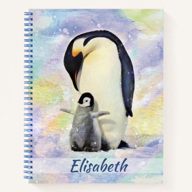 Kaiser Pinguin mit Baby Chick Watercolor Notizbuch (Vorderseite)