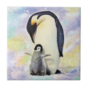 Kaiser-Pinguin mit Baby-Küken-Aquarell Fliese