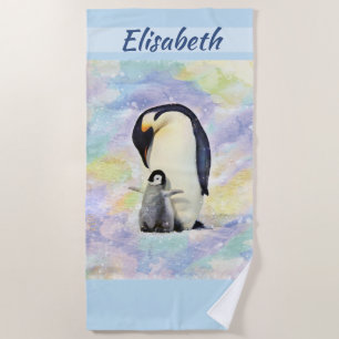 Kaiser-Pinguin mit Baby-Küken-Aquarell Strandtuch
