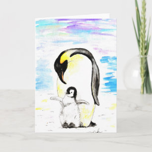 Kaiser-Pinguin und Küken Aquarellmalerei Karte