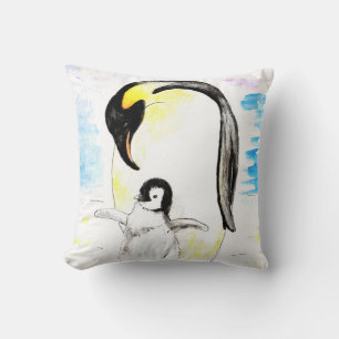 Kaiser-Pinguin und Küken Aquarellmalerei Kissen