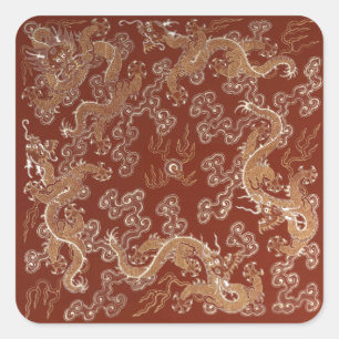 Kaiserlich rote und goldene Drachen-Seidenkunst Quadratischer Aufkleber