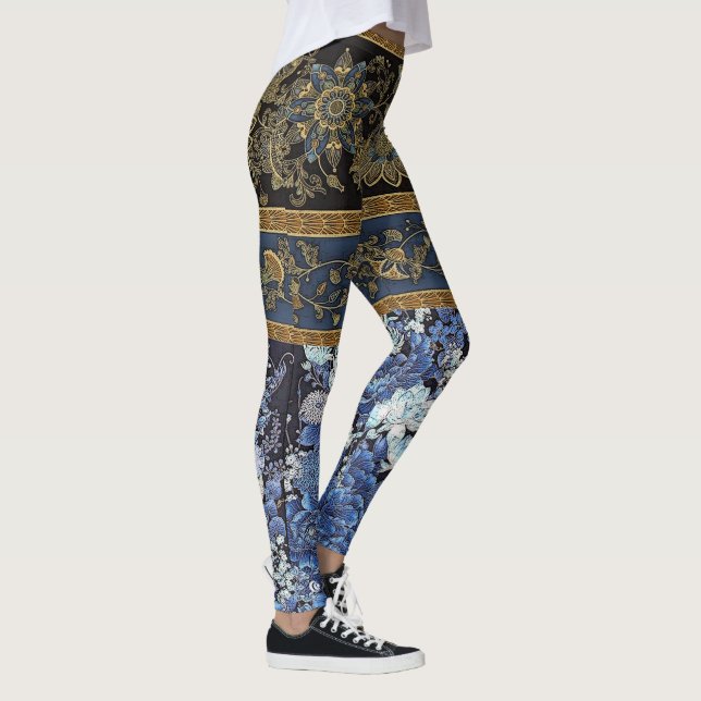 Kaiserlicher blauer BlumenKimono Leggings (Rechts)