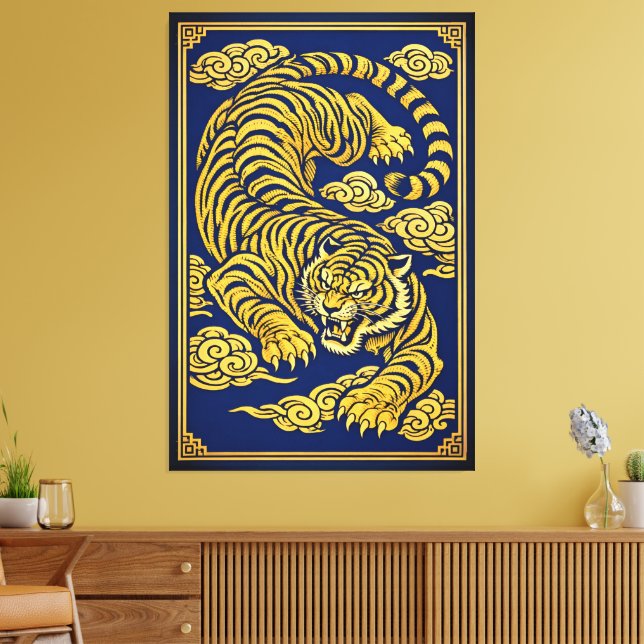 Kaiserlicher Tiger – Gold & Blau Leinwanddruck (Insitu (Wohnzimmer))