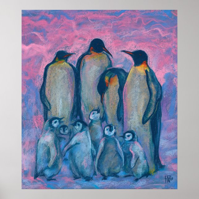 Kaiserpinguine, antarktische Vögel Eltern und Kind Poster (Vorne)
