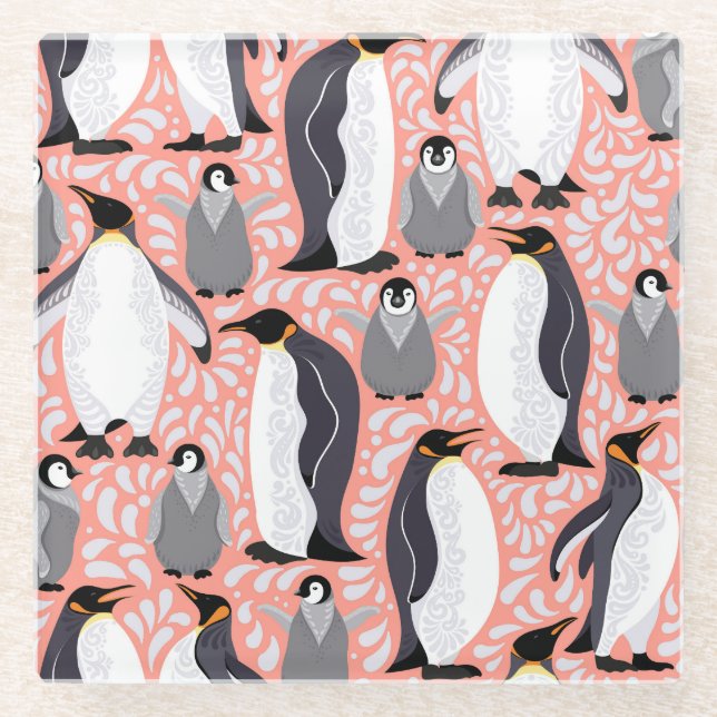 Kaiserpinguine, Sträucher, rosa dekoratives Muster Glasuntersetzer (Vorderseite)