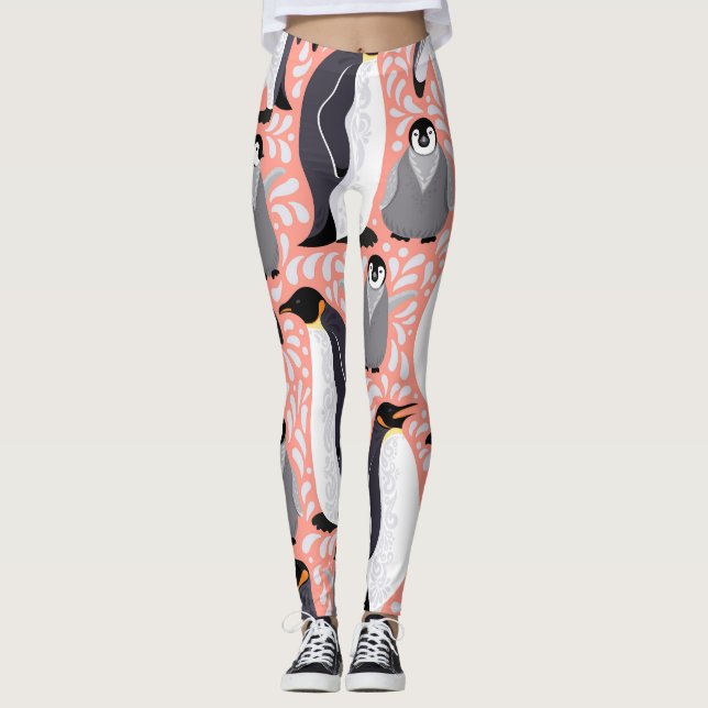 Kaiserpinguine, Sträucher, rosa dekoratives Muster Leggings (Vorderseite)