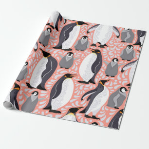 Kaiserpinguine und ihre Naben auf einem rosa Muste Geschenkpapier