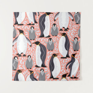 Kaiserpinguine und ihre Naben auf einem rosa Muste Wandteppich