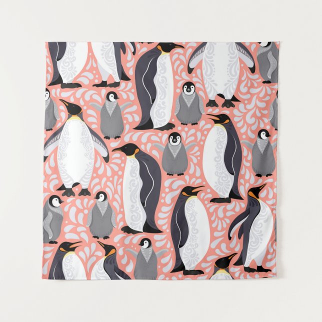 Kaiserpinguine und ihre Naben auf einem rosa Muste Wandteppich (Vorderseite)