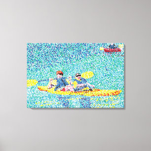 Kajak-Fluss-Szene im Pointillismus, umwickelte Lei Leinwanddruck