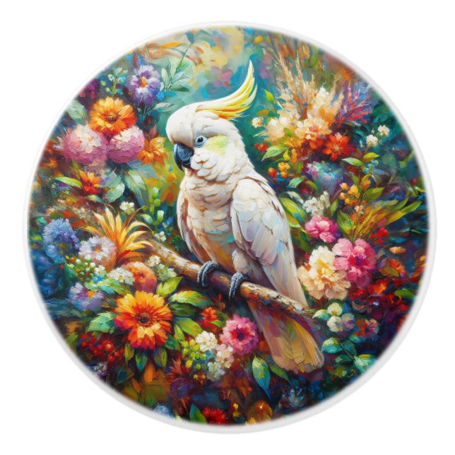 Kakadu mit farbenfrohen Blume Keramikknauf (Vorderseite)