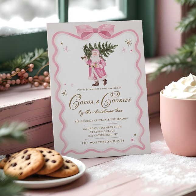 Kakao & Kekse Weihnachts-Party Retro Pink Santa Ma Einladung (Cocoa & Cookies Christmas Party Retro Pink Santa Invitation)