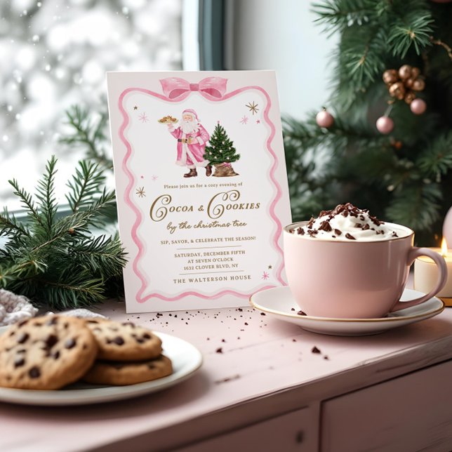 Kakao & Kekse Weihnachts-Party Retro Pink Santa Ma Einladung (Cocoa & Cookies Christmas Party Retro Pink Santa Invitation)