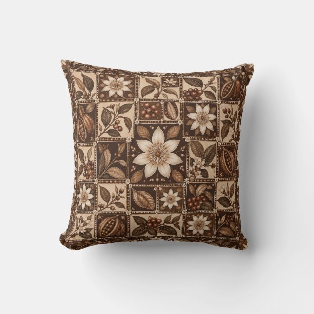 Kakaocreme-Blumenfliesen-Patchwork Kissen (Vorderseite)