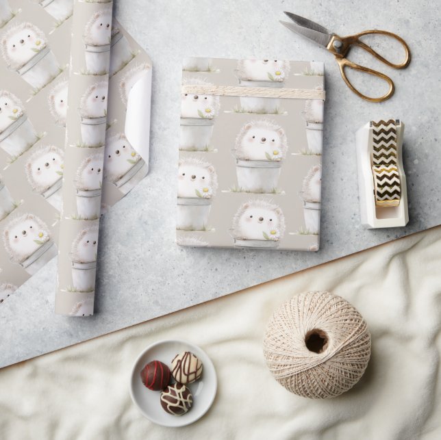 Kakaocreme-Igel-Gänseblümchen-Blumen-Eimer-Geburts Geschenkpapier (Kunsthandwerk)
