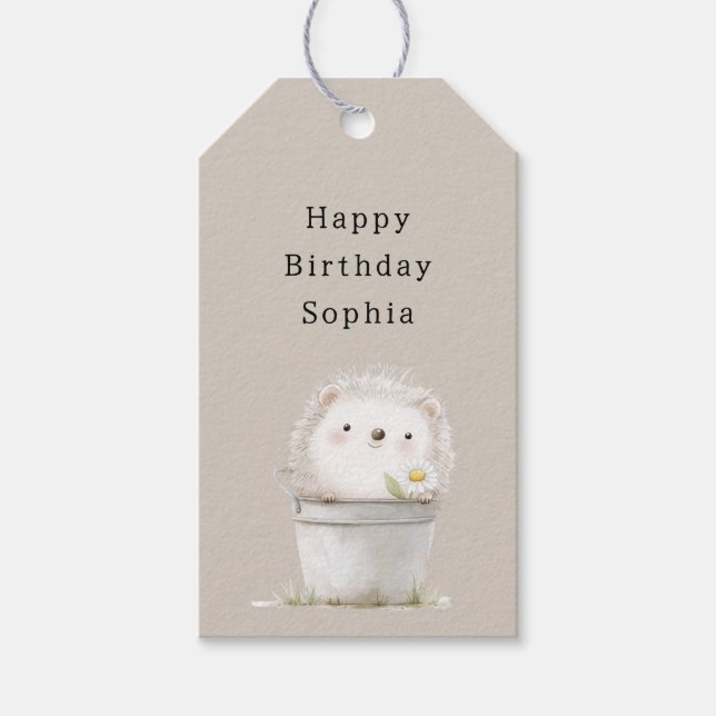 Kakaocreme-Igel-Margerite-Blumen-Eimer-Geburtstag Geschenkanhänger (Vorderseite)