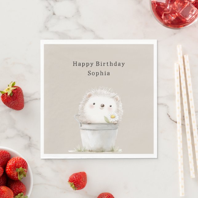 Kakaocreme-Igel-Margerite-Blumen-Eimer-Geburtstag Serviette (Beispiel)