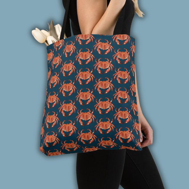 Kakteen-Muster (Brown crab coastal crustacean tote bag on  blue)