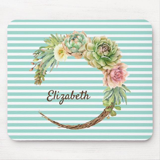 Kakteen on Mint Green Stripes Mouse Pad Mousepad (Vorne)