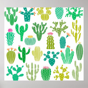 Kakteen Pflanze: Vintages Set mit Blumen. Poster