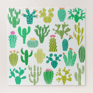 Kakteen Pflanze: Vintages Set mit Blumen. Puzzle