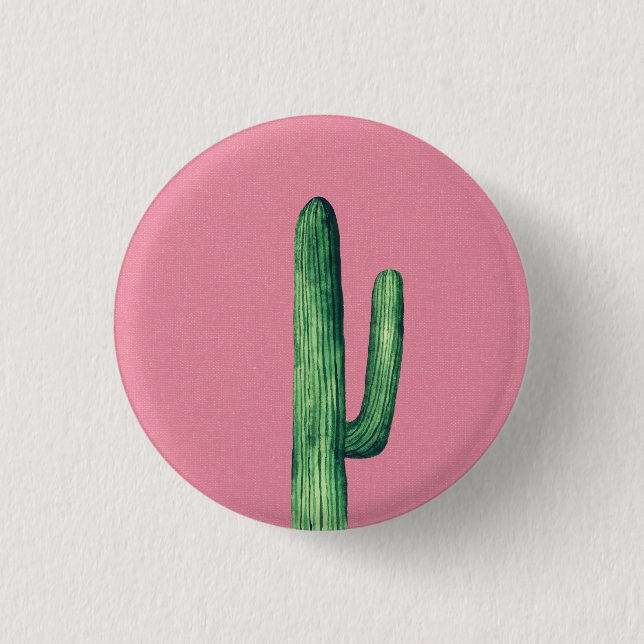 Kakteen pink. Grüne Kakteen. Botanische Wasserfarb Button (Vorderseite)