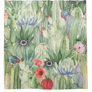 Kakteen, Sukkulente: floraler Aquarelldruck. Duschvorhang
