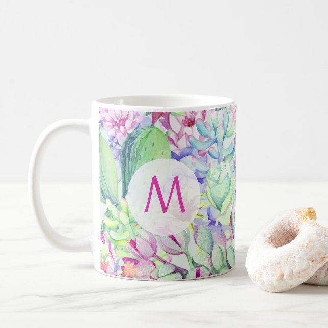 Kakteen & Sukkulents Monogramm Kaffeetasse (Mit Donut)