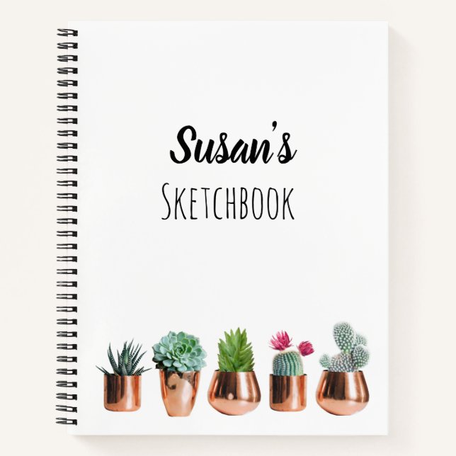 Kakteen & Sukkuline in Rose Gold Pots Sketchbook Notizbuch (Vorderseite)