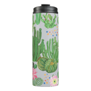 Kakteen und Blume, Aquarellmalerei. Thermosbecher