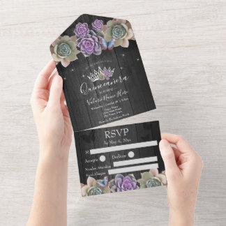 Kakteen und Butterfly Elegant Quinceanera Gray All In One Einladung