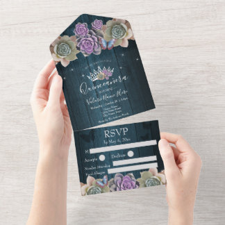 Kakteen und Butterfly Elegantes Quinceanera-Holz All In One Einladung