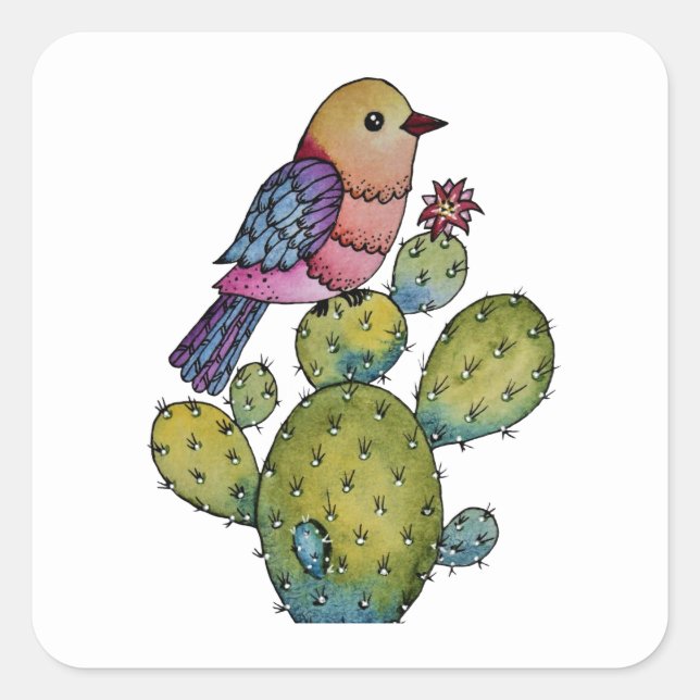 Kakteen und Regenbogenvögel in Aquarellfarben Quadratischer Aufkleber (Vorderseite)