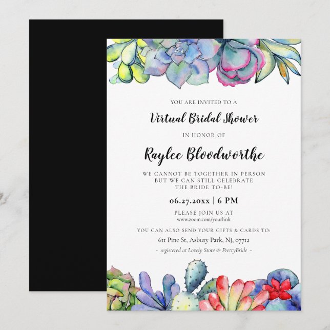 Kakteen und Succulents Virtual Brautparty Einladung (Vorne/Hinten)