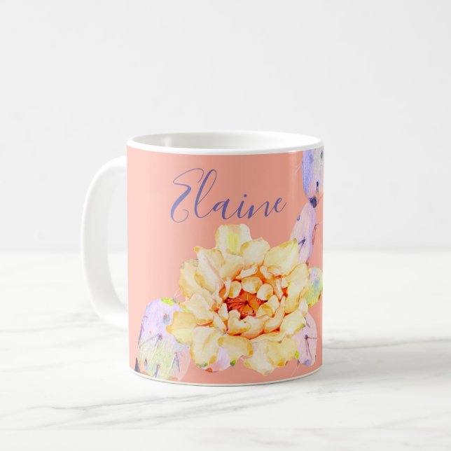 Kaktus blühen Wüste Blume Aquarell lila Pfirsich Kaffeetasse (Vorderseite Links)