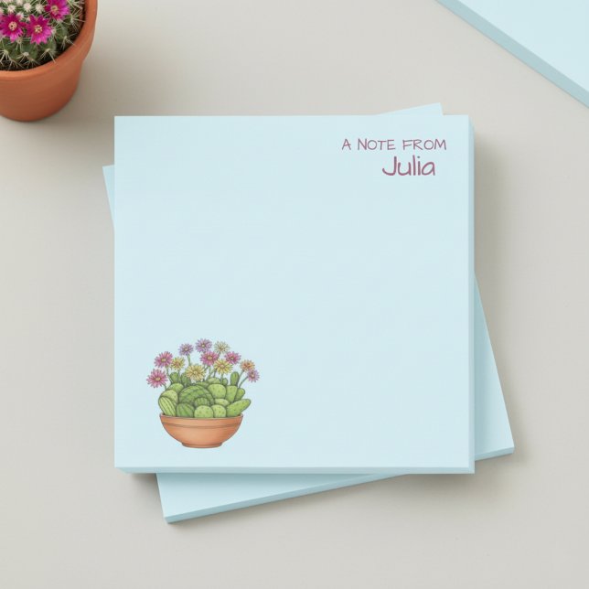 Kaktus-Blumentopf mit Namen Haftnotizen Post-it Klebezettel (Cute blue personalized post-it notes decorated with an illustration of a pot of cactii with flowers.)