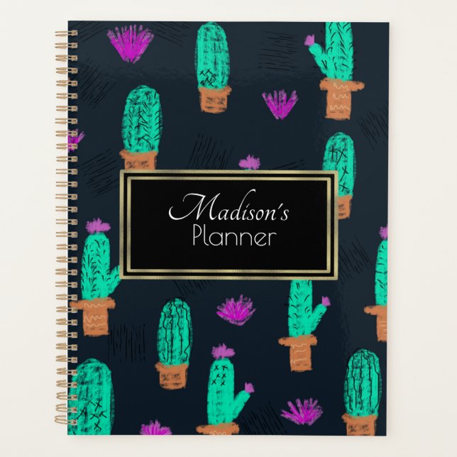 Kaktus-Doodle-Muster-Monogramm Planer (Vorderseite)
