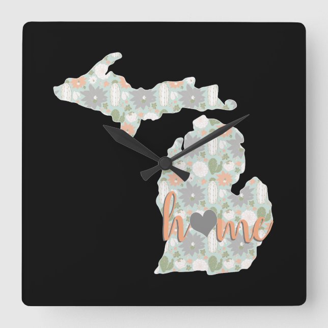 Kaktus gefüllt Michigan Silhouette mit Zuhause Quadratische Wanduhr (Vorderseite)