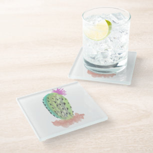 Kaktus handgemalt mit Wasserfarbe Rosa Grün Glasuntersetzer