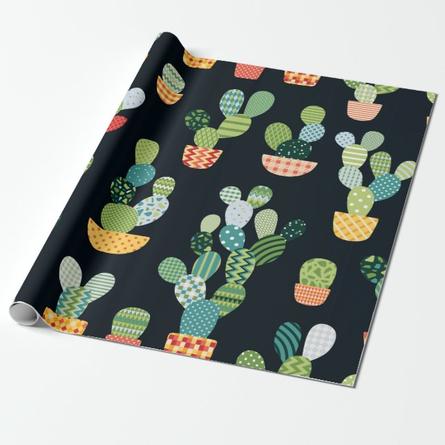 Kaktus nahtloses Muster im Patchwork-Stil mit Pl Geschenkpapier (Ungerollt)