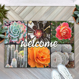Kaktus Rosen Foto-Collage Willkommens-Schrift Mode Fußmatte