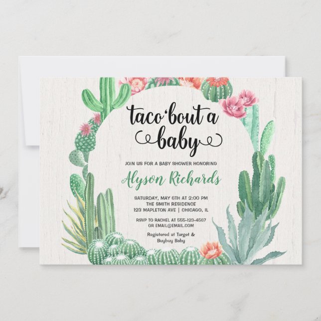 Kaktus Succulents, Tacokampf ein Babypartymädchen Einladung (Vorderseite)