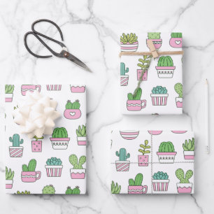 Kaktus Sukkulenten Pflanzen Doodles Muster Geschenkpapier Set